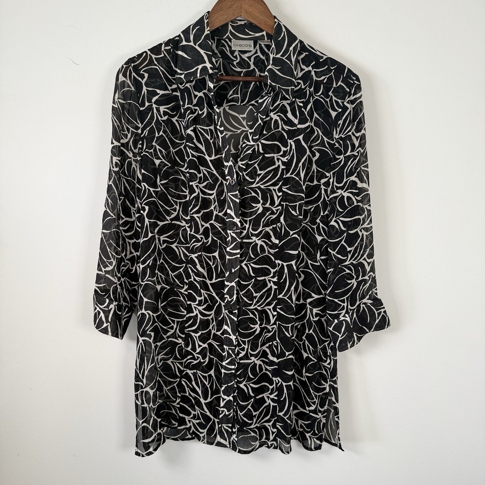 Chico's Button Down Sheer‎ Shirt Long Sleeve Floral Black White Women's Medium